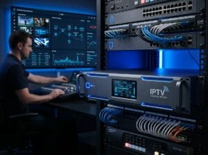 Advanced IPTV encoder box with digital streaming dashboard and ultra HD broadcasting system