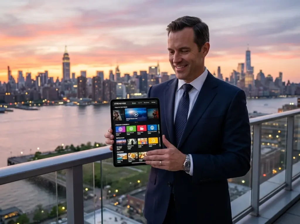 IPTV USA streaming service on smart TV in modern living room