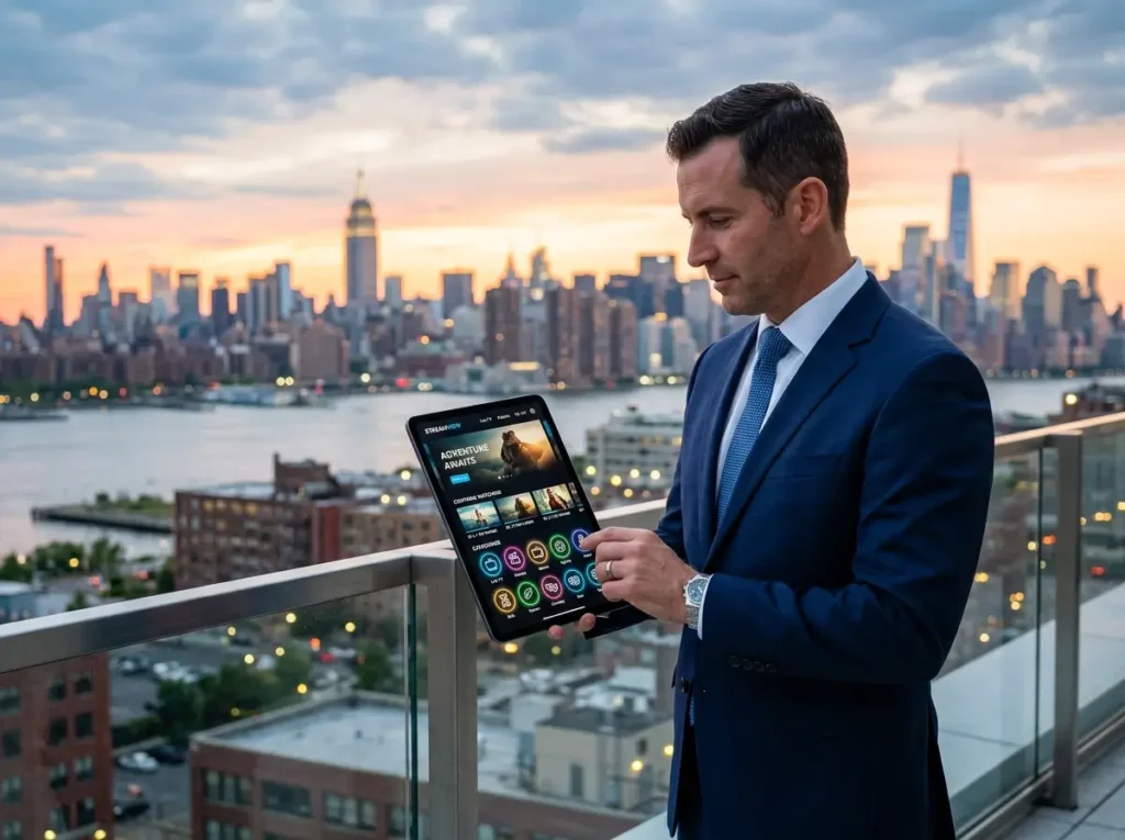 Digital streaming interface connected to global IPTV supplier servers and entertainment devices