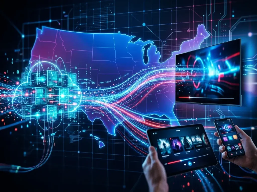 IPTV USA app interface on smart TV, smartphone, and tablet connected