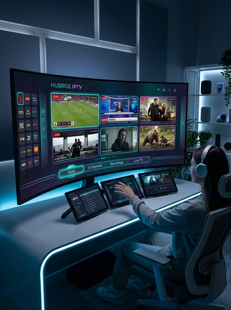 Best IPTV premium streaming banner with neon blue design