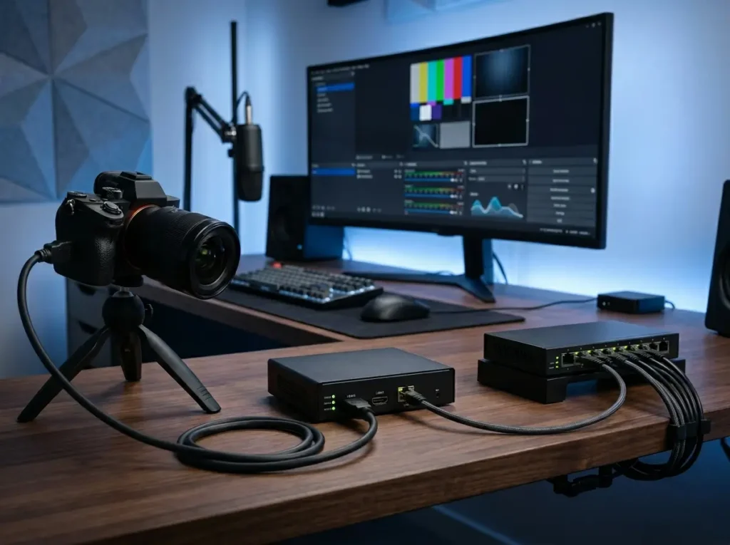 Digital IPTV workflow showing HDMI encoder sending video to multiple screens