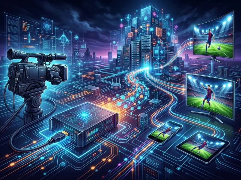 IPTV streaming system with HDMI encoder connected to TV and network equipment