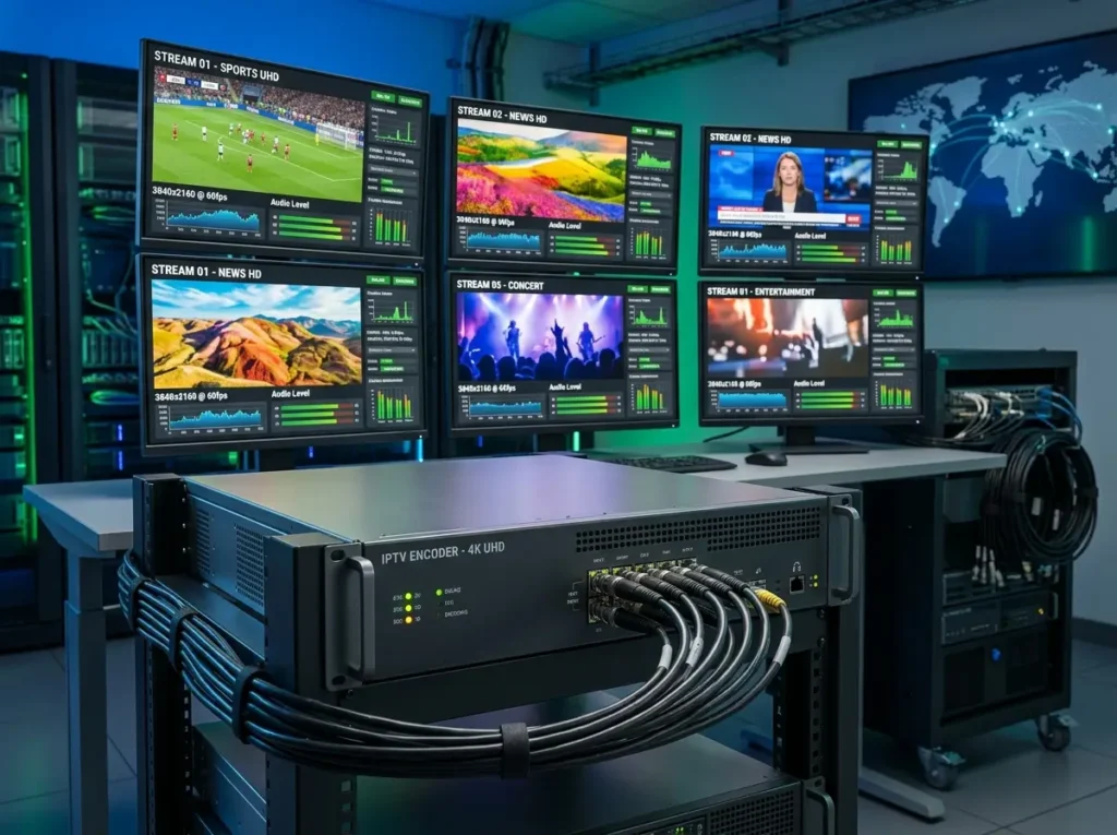 Professional IPTV encoding system connected to multiple streaming monitors in a tech studio