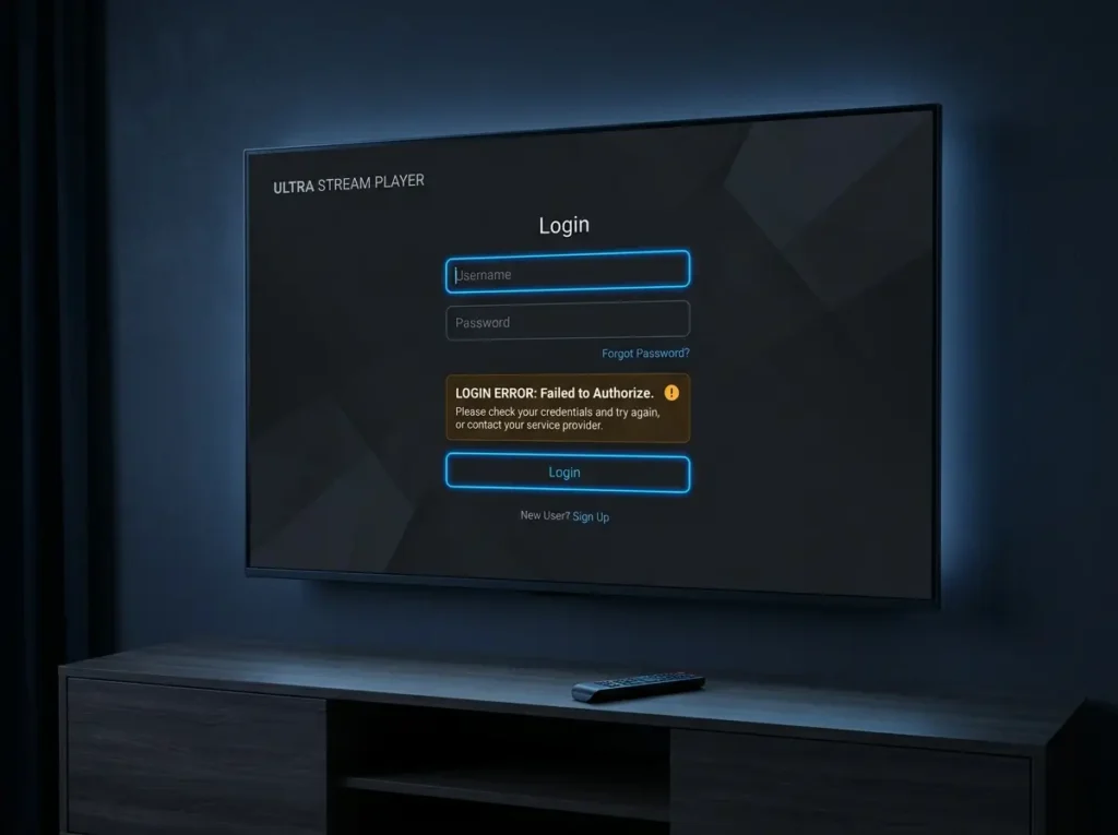 IPTV Smarters failed to authorize error screen on smart TV login page