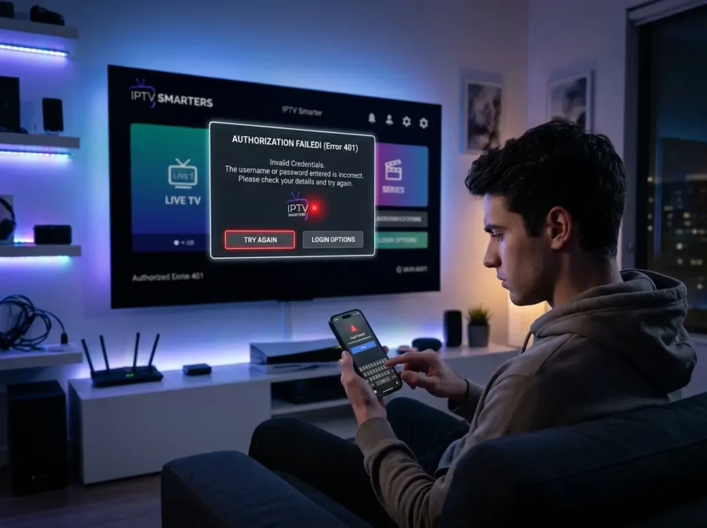 IPTV Smarters app login failure message with authentication error on streaming device