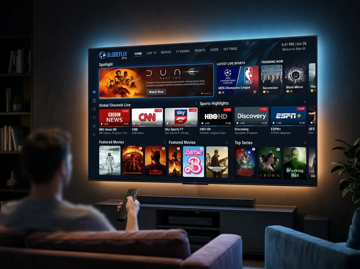 IPTV service entertainment setup with smart TV showing live channels and movies interface