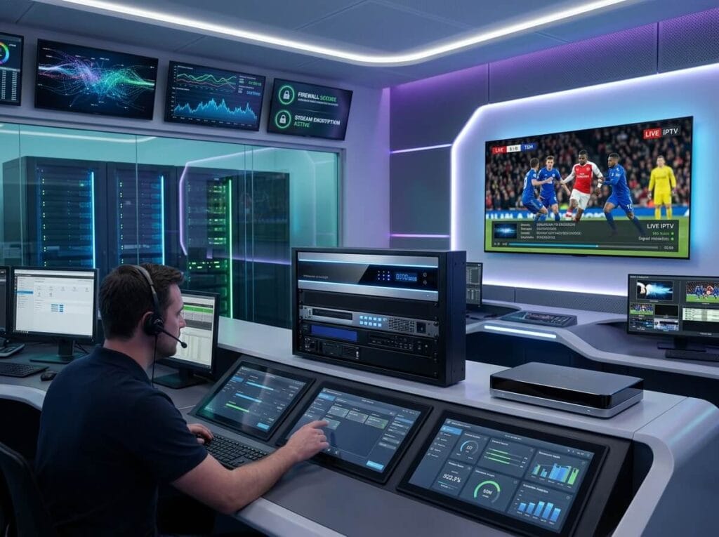 IPTV encoder box connected to modern streaming system with HD live TV interface