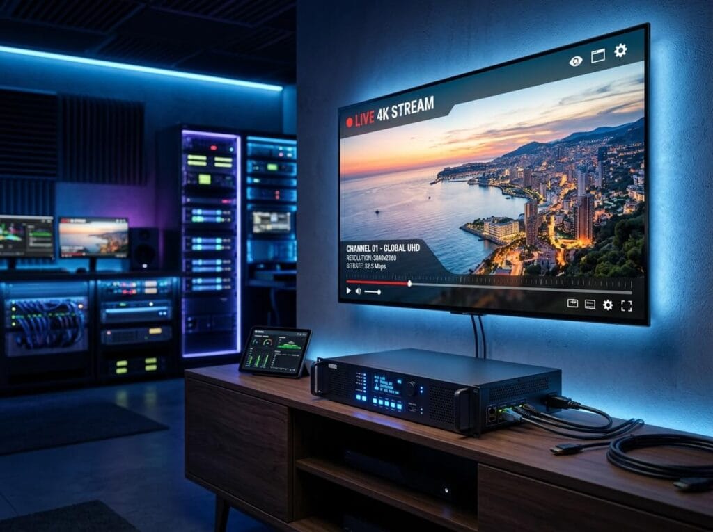 IPTV encoder box system connected to smart TV with modern streaming interface