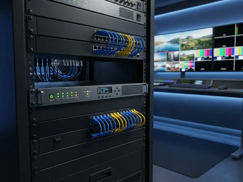 Modern 4K IPTV encoder device with professional streaming hardware and LED indicators