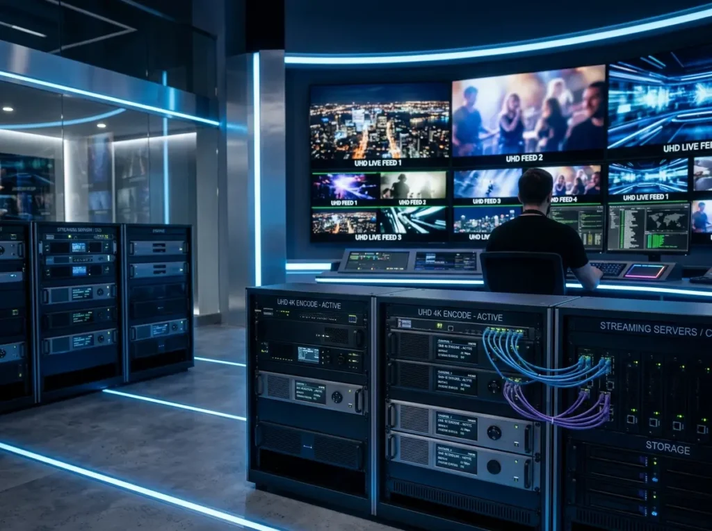 IPTV encoders hardware setup with digital streaming network and smart TV interface