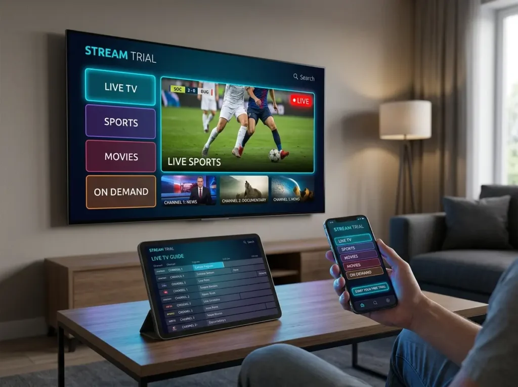 IPTV free trial dashboard on modern smart TV with digital streaming interface
