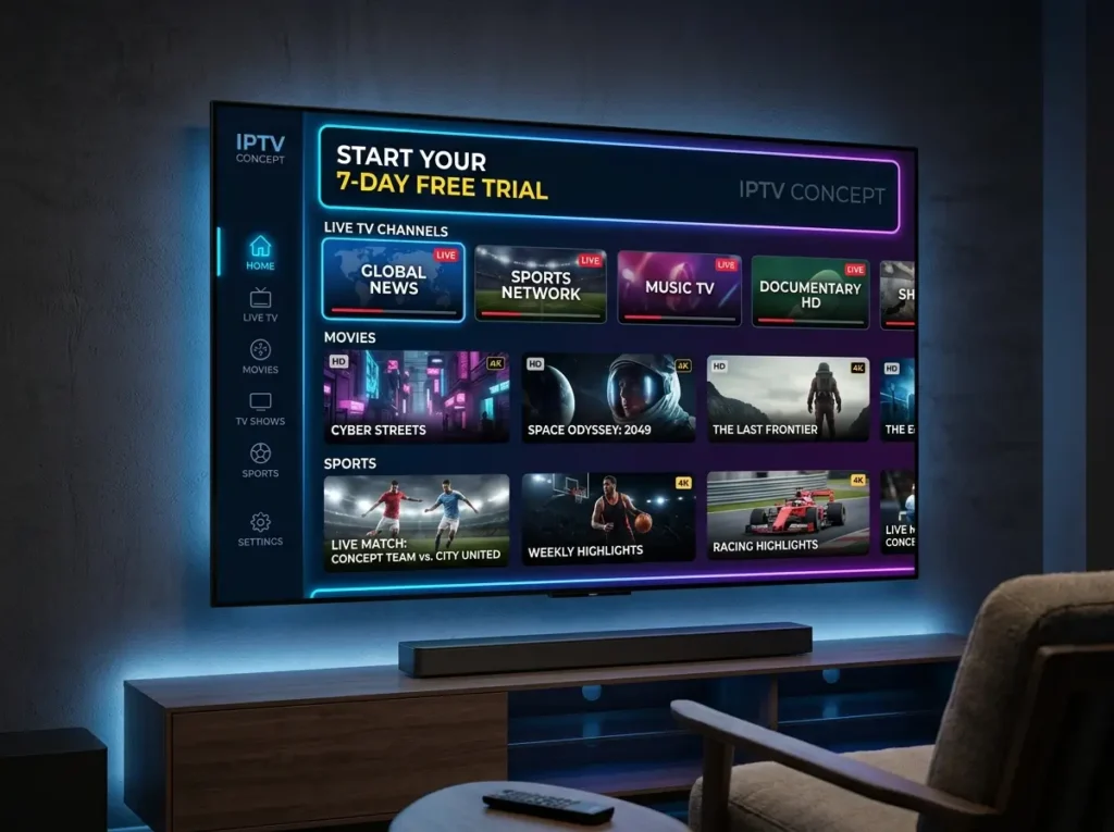 IPTV free trial on multiple devices including smart TV and smartphone streaming app