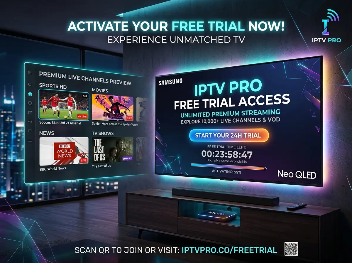 IPTV free trial streaming on smart TV with live TV channels and HD entertainment preview