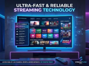 IPTV providers service displayed on modern smart television with ultra HD streaming setup