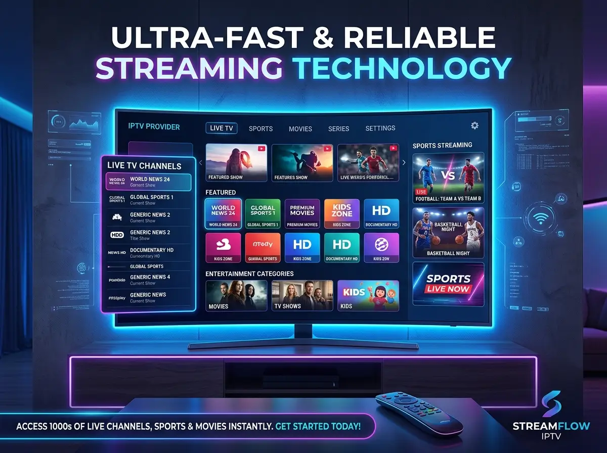 IPTV providers service displayed on modern smart television with ultra HD streaming setup