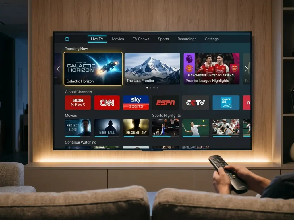 Premium IPTV providers dashboard with smart TV entertainment interface and global channels