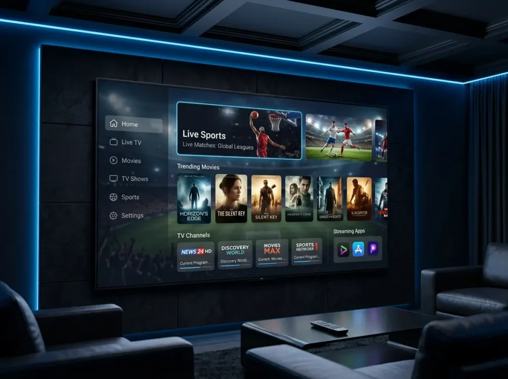 IPTV providers streaming live TV channels, sports, and movies in HD and 4K quality