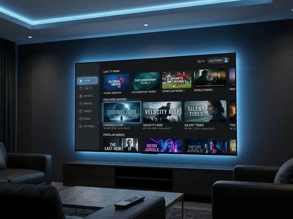 IPTV service streaming live TV channels, sports, movies, and series in HD and 4K quality