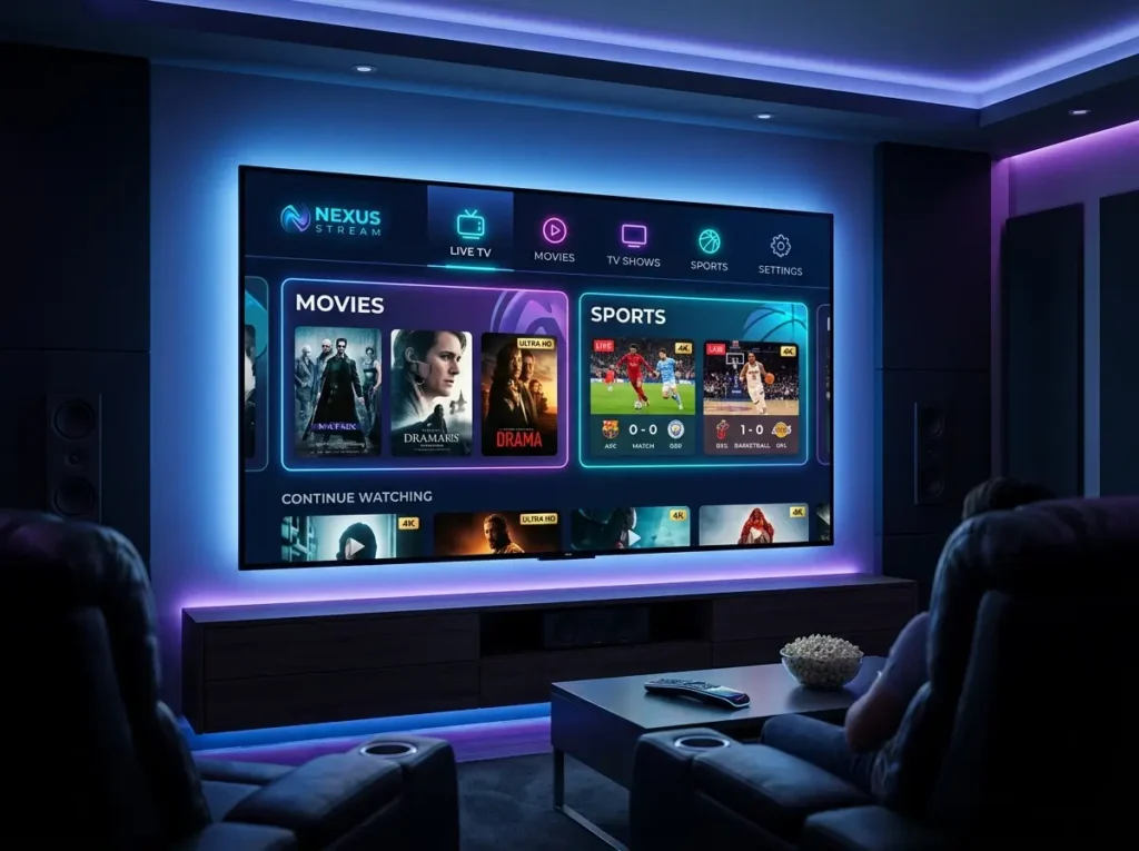 Premium IPTV service dashboard on smart TV with modern digital streaming interface
