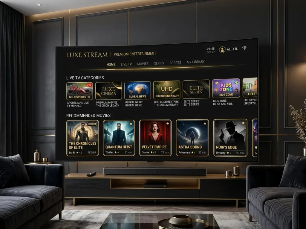 Futuristic IPTV service concept shown on smart TV and mobile devices with colorful digital interface