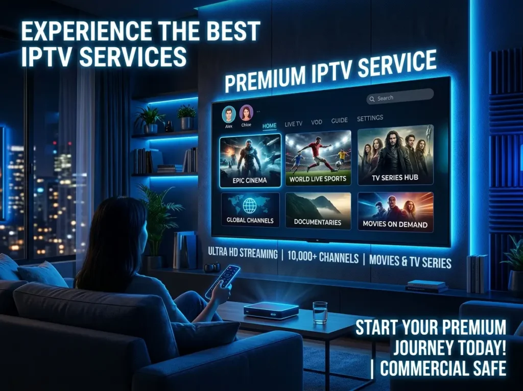 Luxury IPTV service concept with ultra HD television and futuristic streaming platform