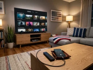 Digital IPTV USA concept with streaming icons and USA-themed background