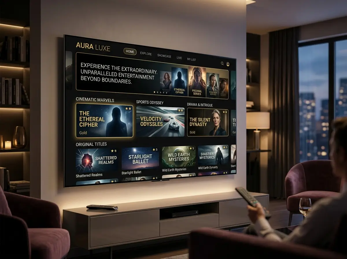 Luxury IPTV subscription concept with smart television and futuristic streaming dashboard