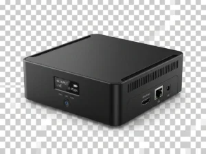 Minimalist black 4K IPTV encoder hardware isolated on clean background