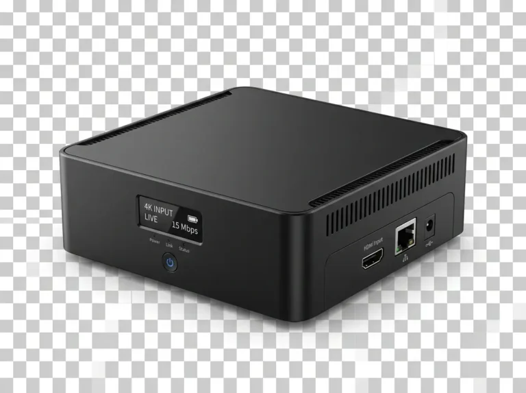 Minimalist black 4K IPTV encoder hardware isolated on clean background