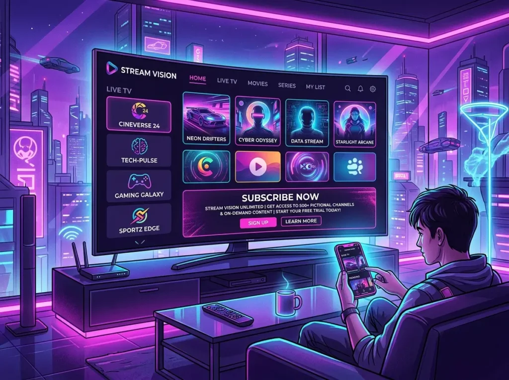 Futuristic IPTV streaming platform shown on smart TV and mobile devices with colorful digital interface