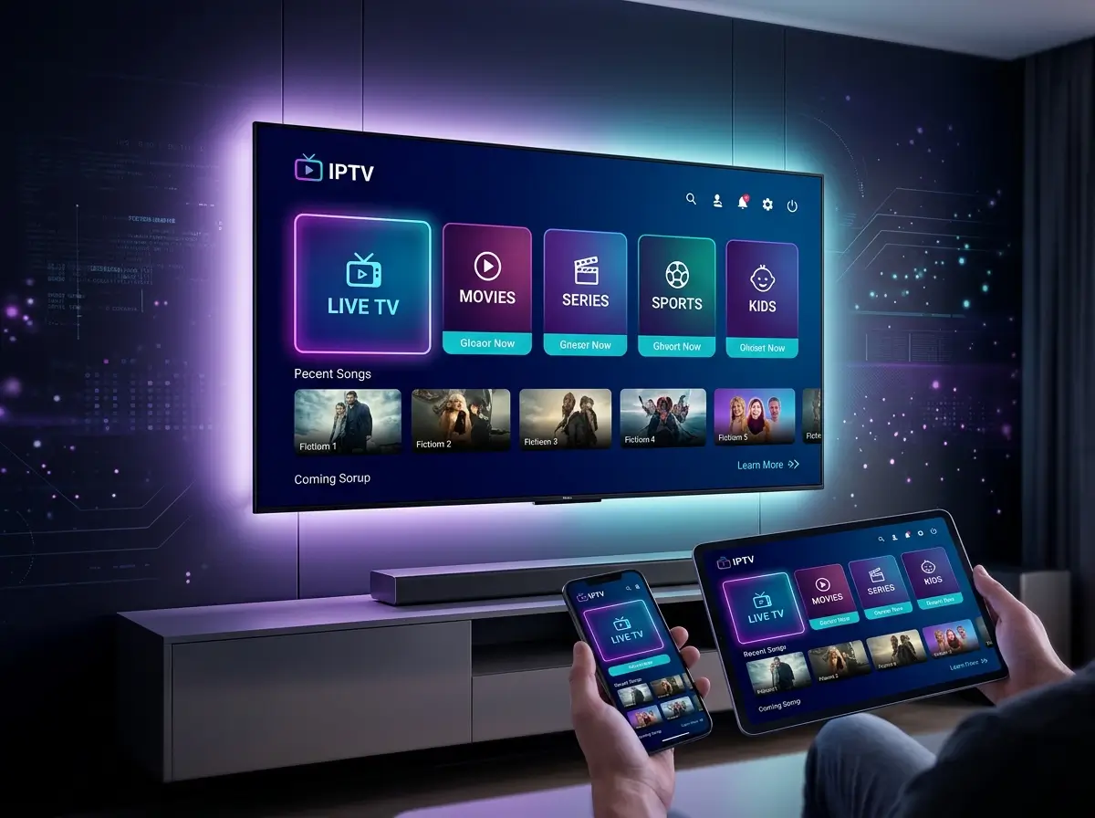 Modern smart TV displaying a futuristic best iptv service interface with live entertainment categories